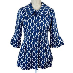 Eden Court Geometric Bell Sleeve Coat Jacket Womens M Blue White Button Up Lined